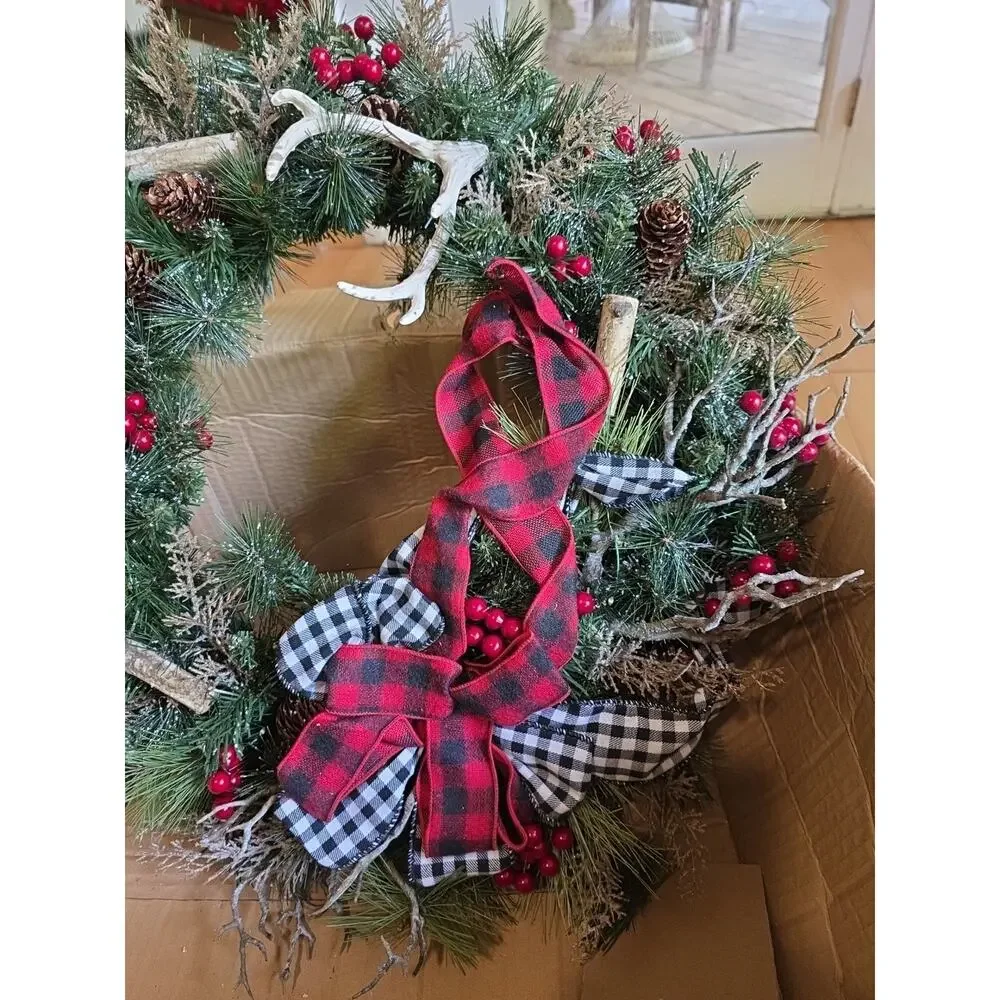 Handmade Buffalo Plaid Antler Branches Berries Branches Christmas Wreath 24